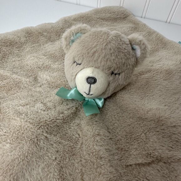 Kellytoy Brown Sleeping Bear Security Blanket Baby Toddler Lovey Green Bow Soft - Picture 2 of 10